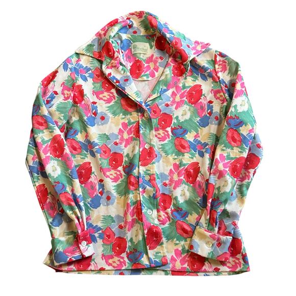 Vtg 70s Blouse Size Large Floral Button Front Cottage Feminine Granny Halloween - Picture 1 of 4